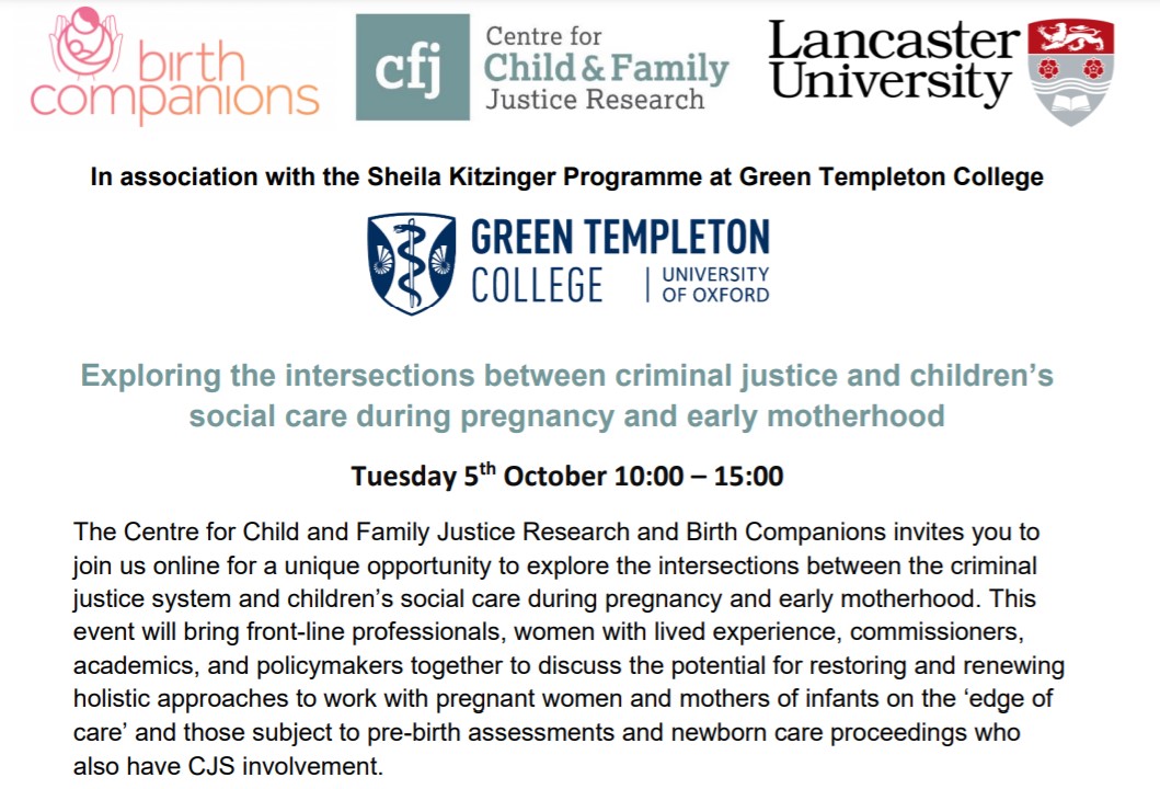 Upcoming event: Exploring the intersections between criminal justice and children’s social care during pregnancy and early motherhood Tuesday 5th October 10am-3pm